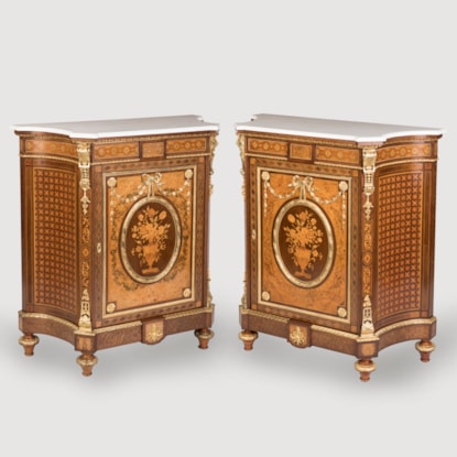 A Fine Pair of Louis XVI Style Marquetry Inlaid Meubles d'Appui